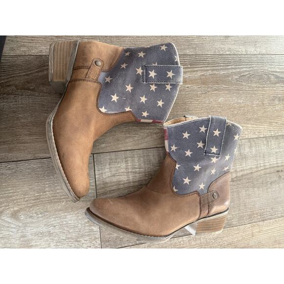 Women’s STERLING RIVER Cowboy Boots | Short | Size 8.5 M | Brown Stars & Stripes - Picture 3 of 12